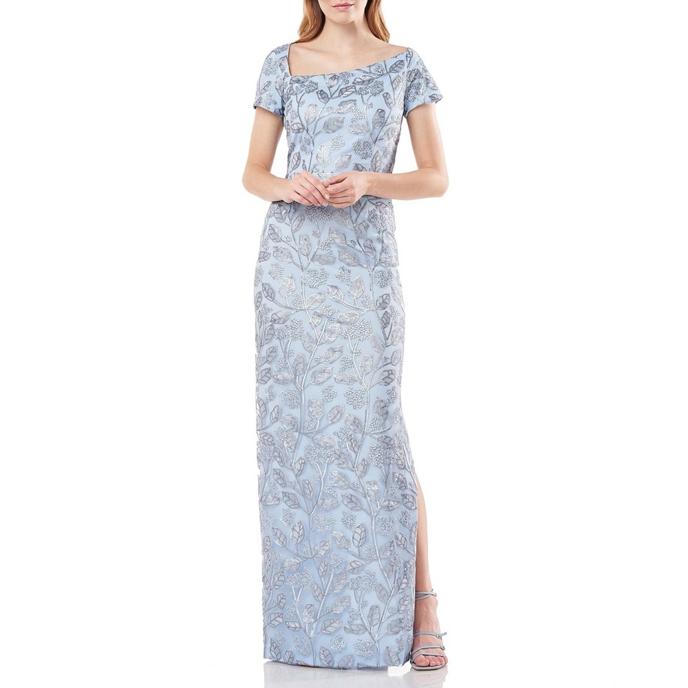New JS Collections Floral Sequin Embroidered Asymmetric Neck Sheath Gown - Picture 2 of 7